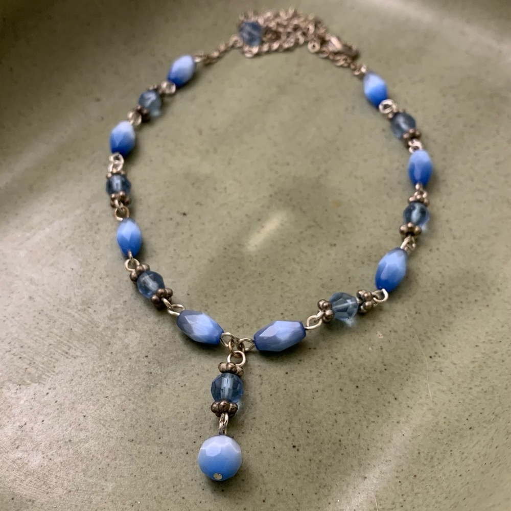 Blue Faceted Bead necklace with Dangle Charm | Silver Tone Adjustable